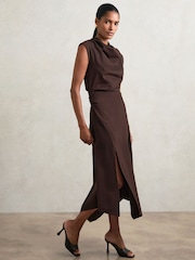 Reiss Burgundy Harlan Twill Jersey Draped Midi Dress - Image 4 of 6
