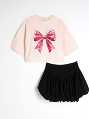 River Island Pink Girls Bow T-Shirt And Skirt Set - Image 1 of 5