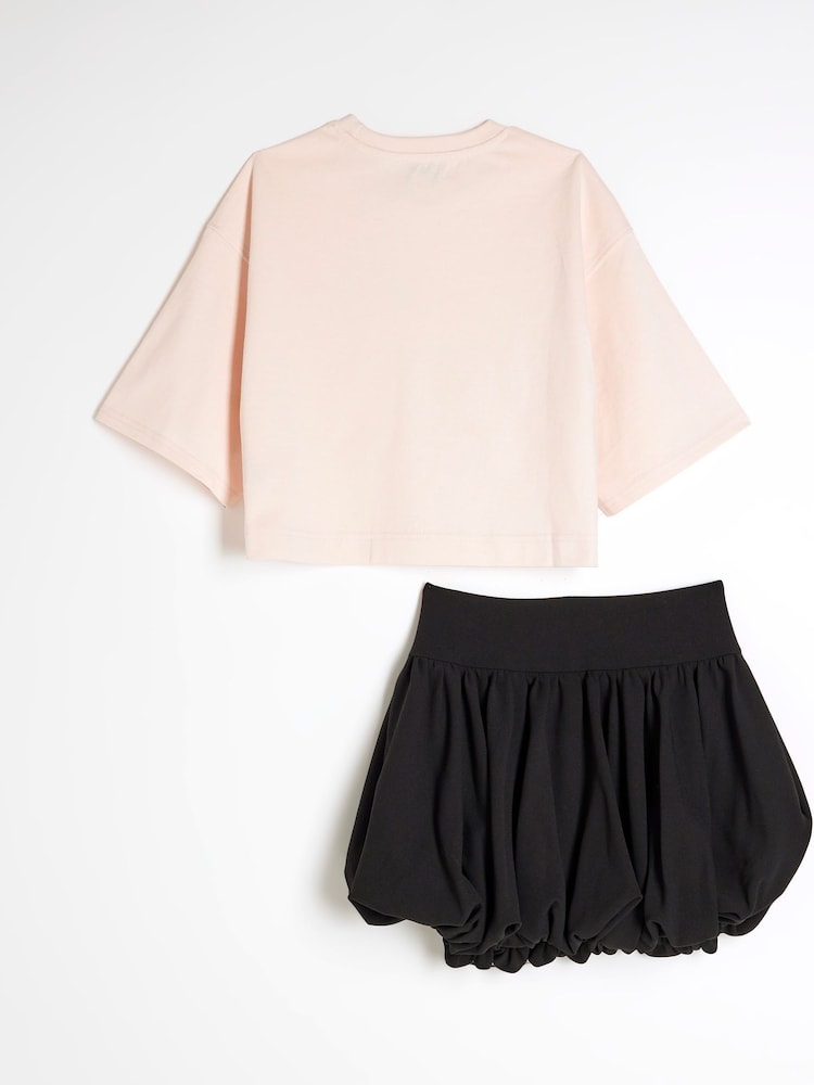 River Island Pink Girls Bow T-Shirt And Skirt Set - Image 2 of 5