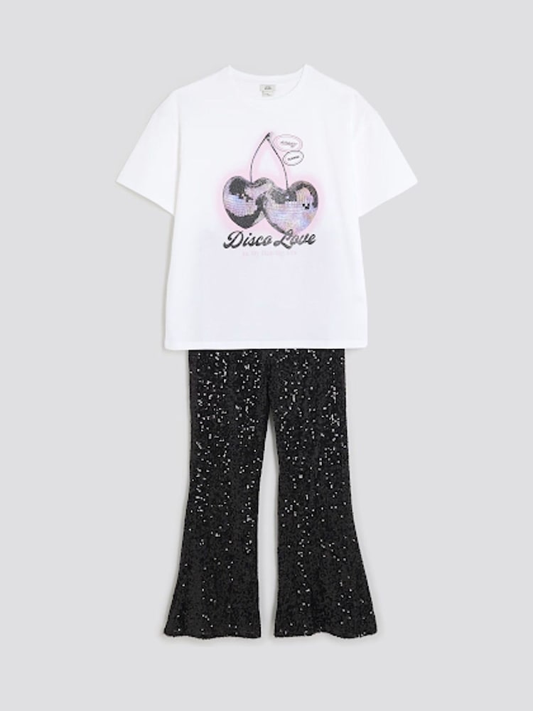 River Island Black Girls Cherry Sequin T-Shirt Kickflare Set - Image 1 of 5