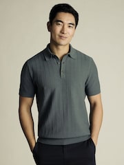 Charles Tyrwhitt Green Stripe Short Sleeve 100% Cotton Button Neck Polo shirt - Image 1 of 5