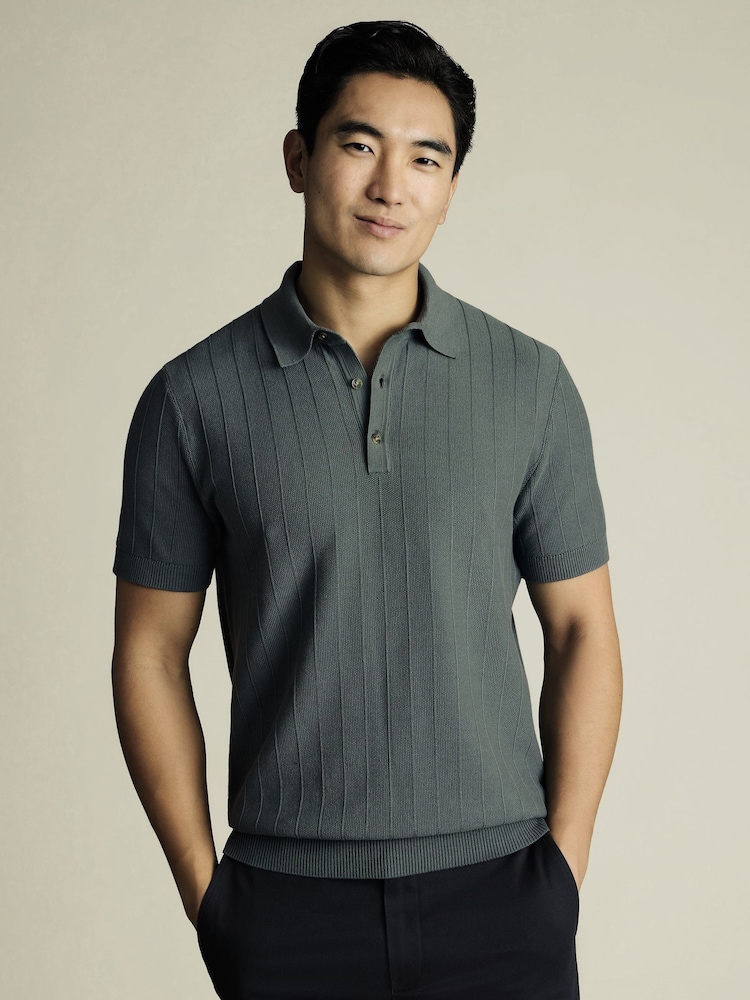 Charles Tyrwhitt Green Stripe Short Sleeve 100% Cotton Button Neck Polo shirt - Image 1 of 5