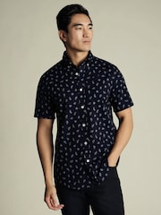 Charles Tyrwhitt Ink Blue Slim Fit Fish Slim Fit Short Sleeve Non-Iron Print 100% Cotton Shirt - Image 1 of 5