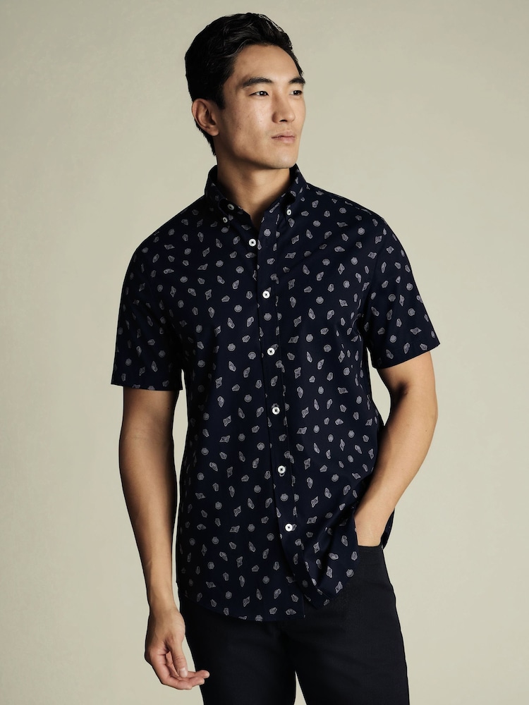 Charles Tyrwhitt Ink Blue Slim Fit Fish Slim Fit Short Sleeve Non-Iron Print 100% Cotton Shirt - Image 1 of 5