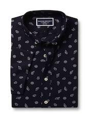 Charles Tyrwhitt Ink Blue Slim Fit Fish Slim Fit Short Sleeve Non-Iron Print 100% Cotton Shirt - Image 3 of 5