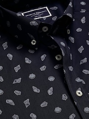 Charles Tyrwhitt Ink Blue Slim Fit Fish Slim Fit Short Sleeve Non-Iron Print 100% Cotton Shirt - Image 4 of 5
