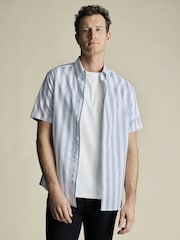 Charles Tyrwhitt Blue Slim Fit Wide Stripe Non-Iron Stretch Poplin Slub Shirt - Image 1 of 5
