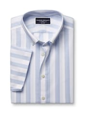 Charles Tyrwhitt Blue Slim Fit Wide Stripe Non-Iron Stretch Poplin Slub Shirt - Image 3 of 5