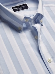 Charles Tyrwhitt Blue Slim Fit Wide Stripe Non-Iron Stretch Poplin Slub Shirt - Image 4 of 5