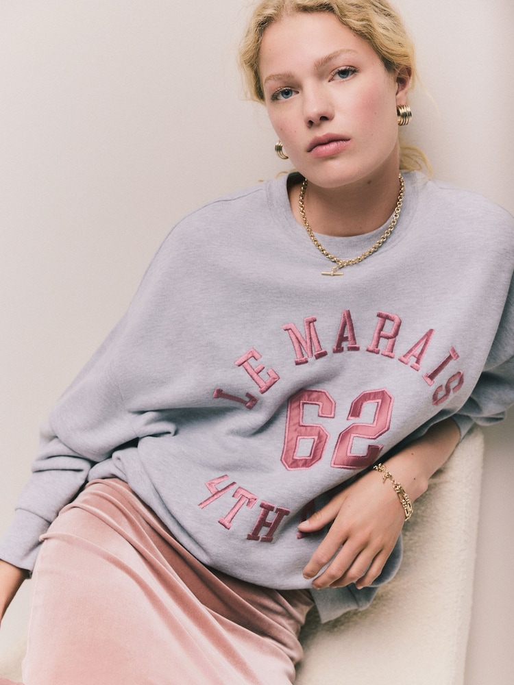 Grey Graphic Satin Applique 'Le Marais' City Longsleeve Crewneck Sweatshirt - Image 1 of 7