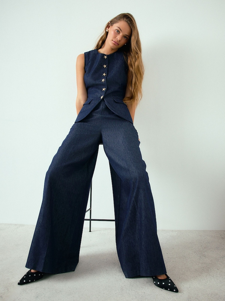 Indigo Blue Denim Look Palazzo Trousers with Linen - Image 1 of 8