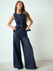 Indigo Blue Denim Look Palazzo Trousers with Linen - Image 2 of 8