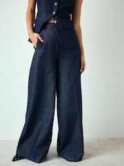 Indigo Blue Denim Look Palazzo Trousers with Linen - Image 3 of 8