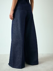 Indigo Blue Denim Look Palazzo Trousers with Linen - Image 4 of 8