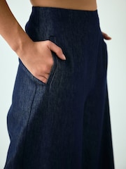 Indigo Blue Denim Look Palazzo Trousers with Linen - Image 5 of 8