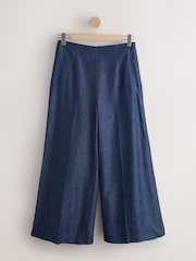 Indigo Blue Denim Look Palazzo Trousers with Linen - Image 6 of 8