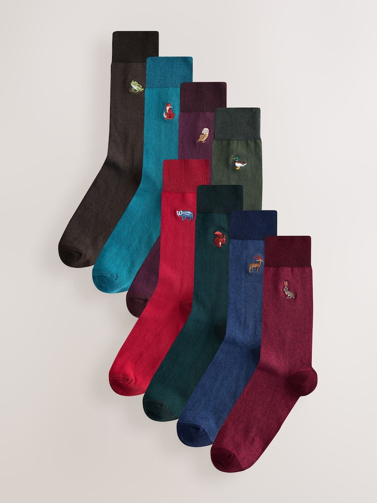 Green/Red/Blue Woodland Embroidered Socks 8 Pack - Image 1 of 12 Green/Red/Blue Woodland Embroidered Socks 8 Pack - Image 1 of 12