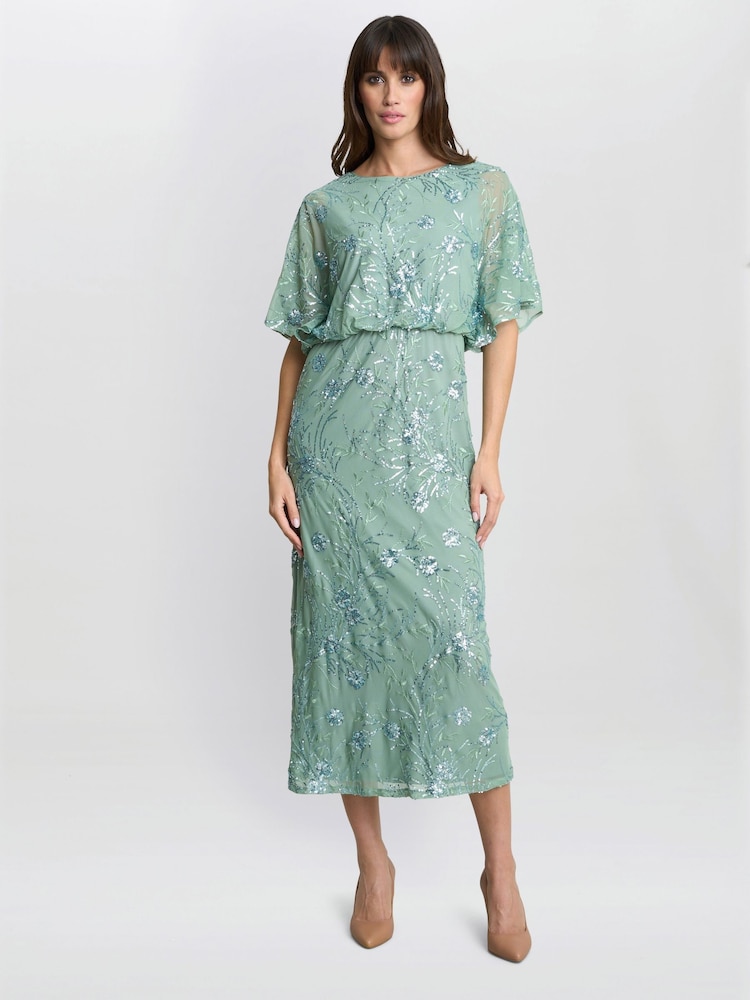 Gina Bacconi Green Ava Sequin Midi Dress - Image 1 of 5