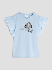 River Island Blue Frill Sleeve Embellished 100% Cotton T-Shirt - Image 1 of 1