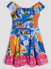 River Island Blue Girls Print Frill Waisted Dress - Image 1 of 4