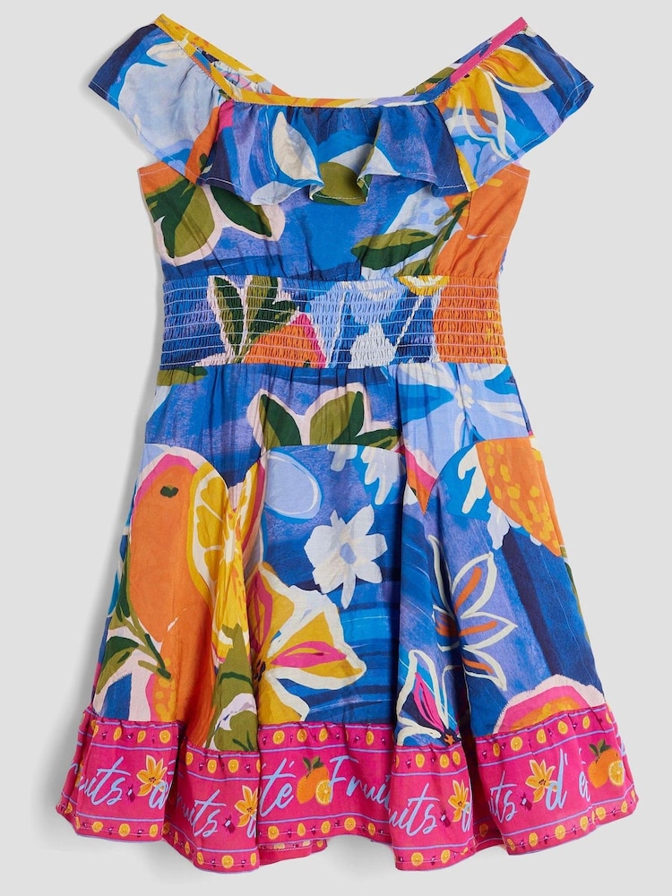 River Island Blue Girls Print Frill Waisted Dress - Image 1 of 4