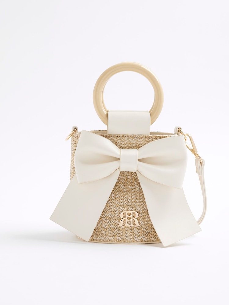 River Island Brown Girls Raffia Bow Bucket Bag - Image 1 of 5