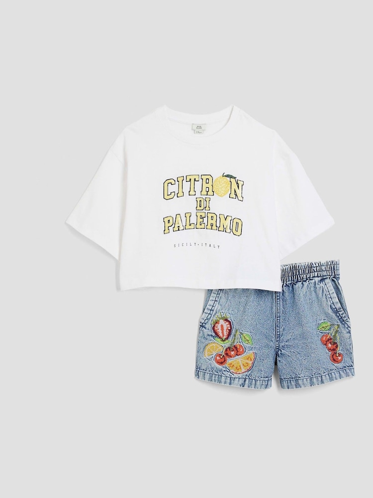 River Island Blue Girls Fruit 100% Cotton Shorts Set - Image 1 of 5