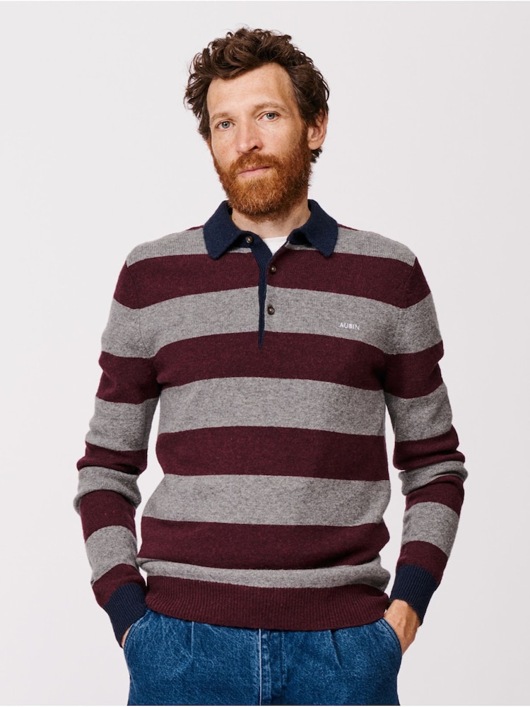 Aubin Grey Belmont Knitted Striped Rugby Jumper - Image 1 of 6