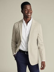 Charles Tyrwhitt Natural Classic Fit Stripe Stretch Washed Oxford Collarless 100% Cotton Jacket - Image 1 of 5