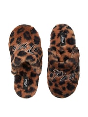 Victoria's Secret PINK Brown Leopard Faux Fur Slippers - Image 1 of 2