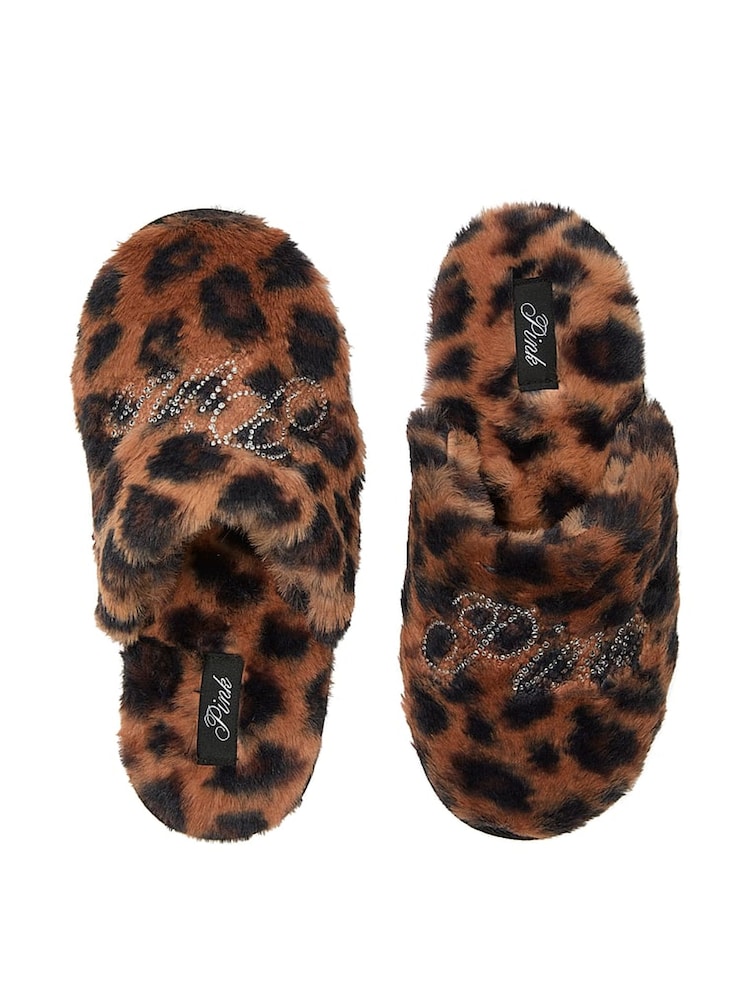 Victoria's Secret PINK Brown Leopard Faux Fur Slippers - Image 1 of 2