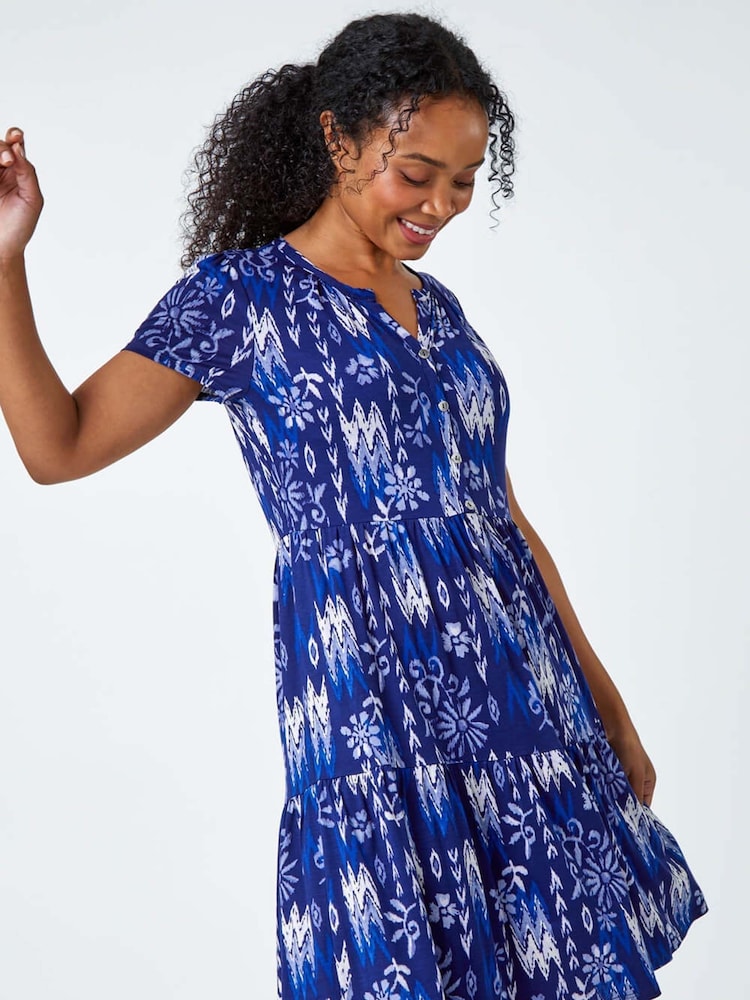 Roman Blue Petite Print Tiered Shirt Dress - Image 2 of 5