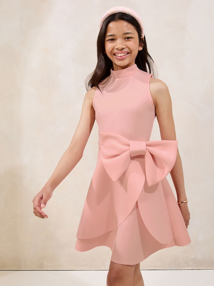 Lipsy Pink Bow Scuba Halter Dress (5-16yrs) - Image 1 of 4