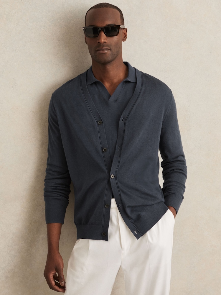 Reiss Midnight Navy West Merino Wool Button Through Cardigan - Image 1 of 6