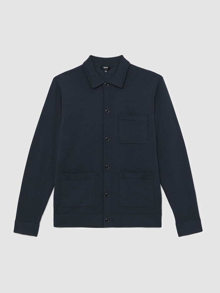 Reiss Midnight Navy Munich Merino Wool Button-Through Shirt - Image 2 of 5