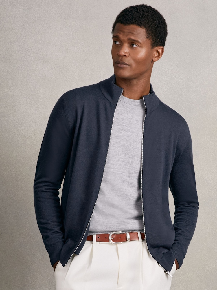 Reiss Midnight Navy Hampshire Merino Wool Zip Through Cardigan - Image 1 of 6