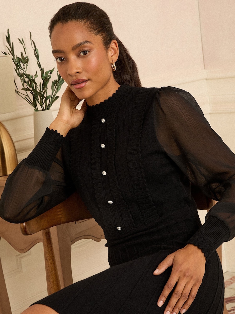 Love & Roses Black Funnel Neck Chiffon Sleeve Knitted Mini Dress - Image 4 of 4