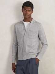 Reiss Soft Grey Mouline Munich Merino Wool Button-Through Shirt - Image 1 of 6