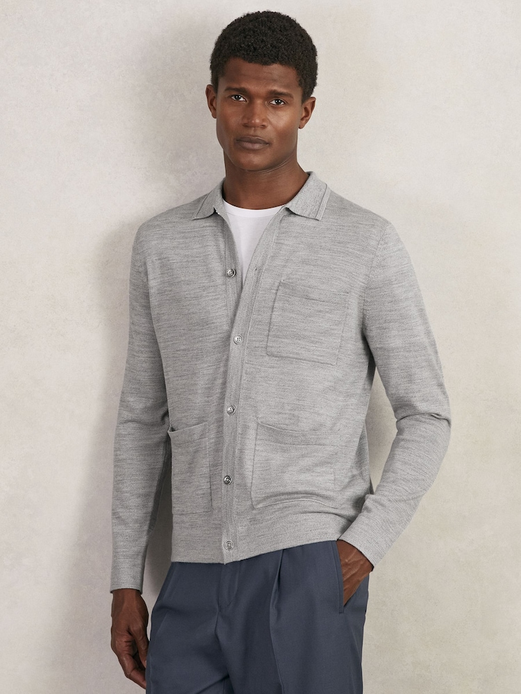 Reiss Soft Grey Mouline Munich Merino Wool Button-Through Shirt - Image 1 of 6