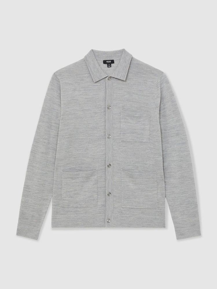 Reiss Soft Grey Mouline Munich Merino Wool Button-Through Shirt - Image 2 of 6
