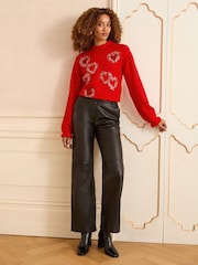 Love & Roses Red Sequin Chiffon Hearts Frill Neck Cosy Jumper - Image 3 of 4