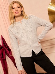 Love & Roses Grey Petite Embellished Button Cardigan - Image 1 of 4