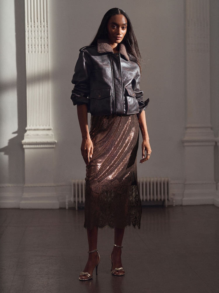 Chocolate Brown Sequin Midi Skirt With Lace Trim - Image 1 of 8 Chocolate Brown Sequin Midi Skirt With Lace Trim - Image 1 of 8