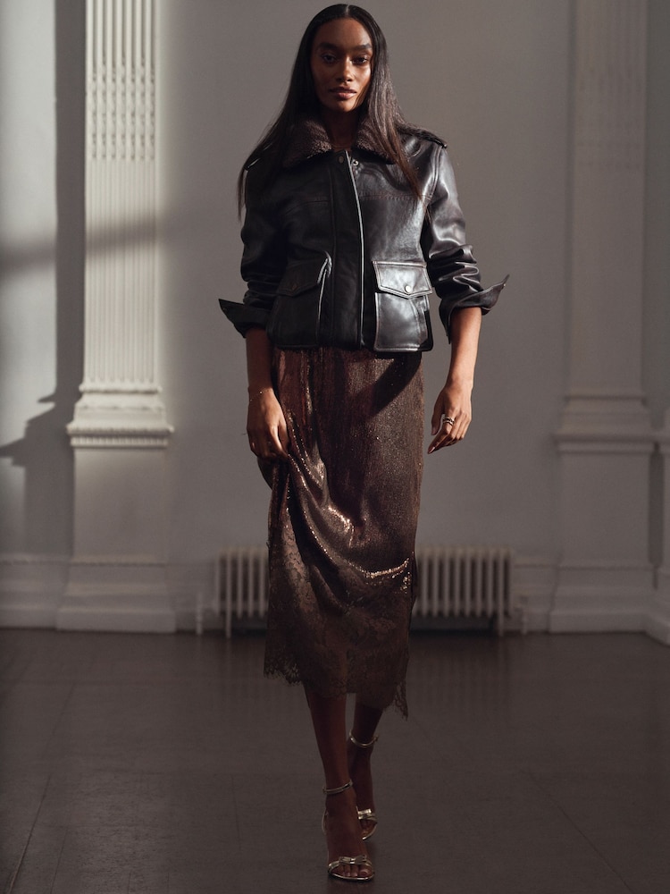 Chocolate Brown Sequin Midi Skirt With Lace Trim - Image 2 of 8 Chocolate Brown Sequin Midi Skirt With Lace Trim - Image 2 of 8