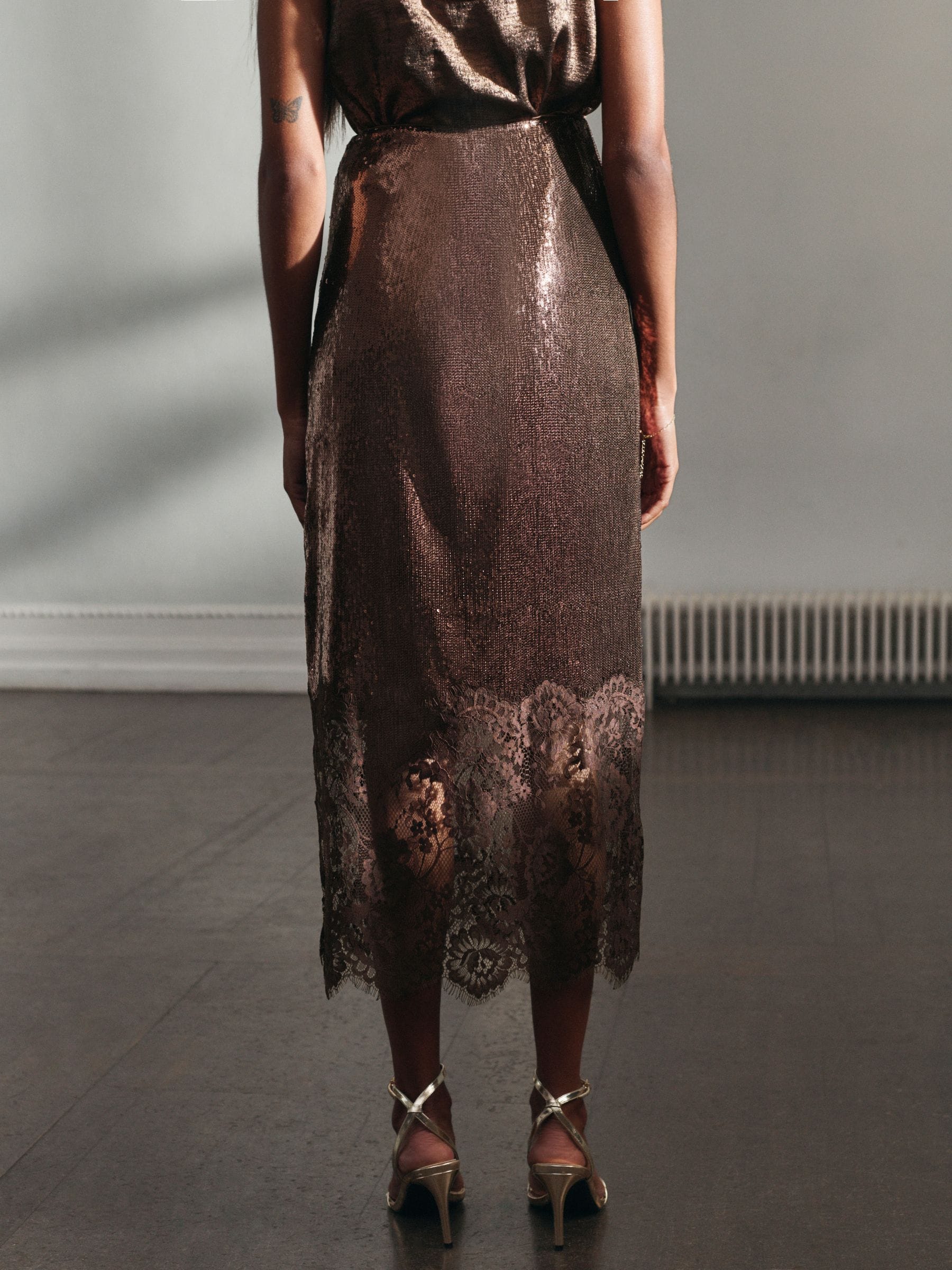 Buy Chocolate Brown Sequin Midi Skirt With Lace Trim from Next USA