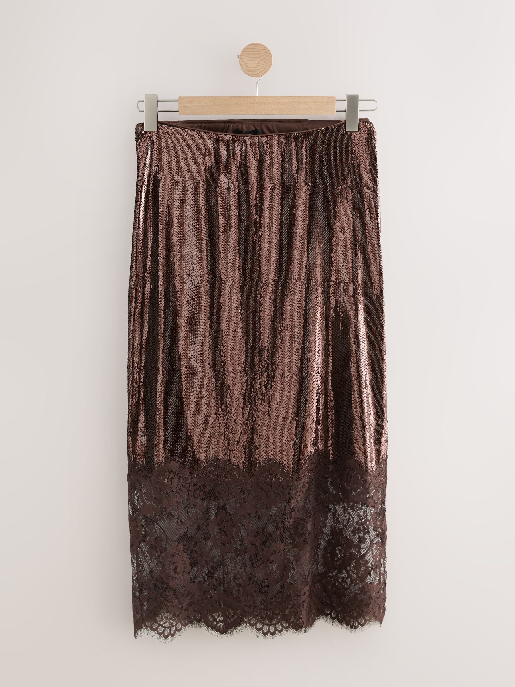 Buy Chocolate Brown Sequin Midi Skirt With Lace Trim from Next USA