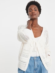 JD Williams White Tie Front Crochet Cardigan - Image 1 of 4