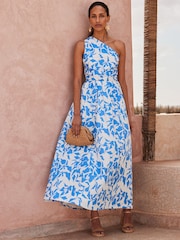 Ro&Zo Blue Aubrey Leaf Printed One Shoulder 100% Cotton Dress - Image 1 of 6