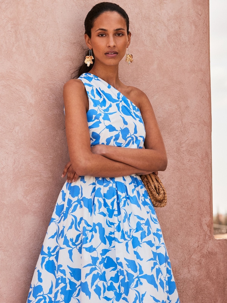 Ro&Zo Blue Aubrey Leaf Printed One Shoulder 100% Cotton Dress - Image 2 of 6