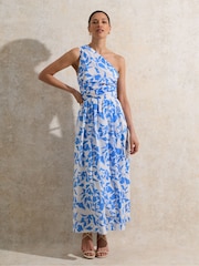 Ro&Zo Blue Aubrey Leaf Printed One Shoulder 100% Cotton Dress - Image 3 of 6